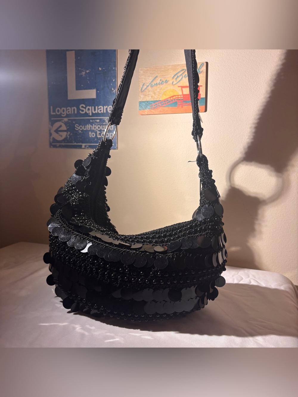 Black Sequin Shoulder Bag - Party Purses - Shiny Handbag - Large Sparkly Sequins